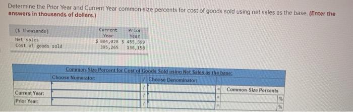  Determine the prior Year and Current Year common-size percents for cost