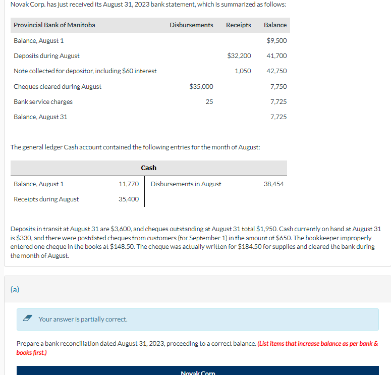  Prepare a bank reconciliation dated August 31,2023, proceeding to a correct