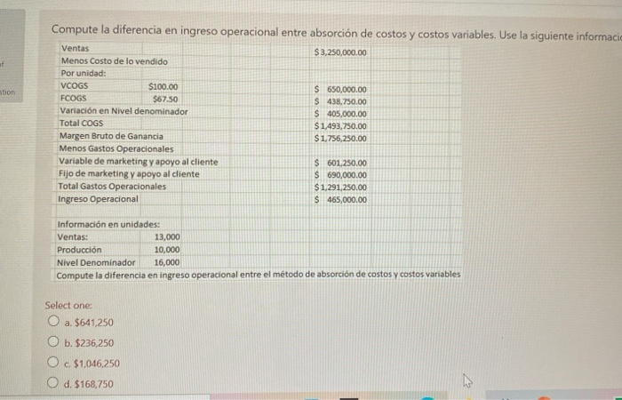 is asking me for the difference between absorbtion cost and variable cost