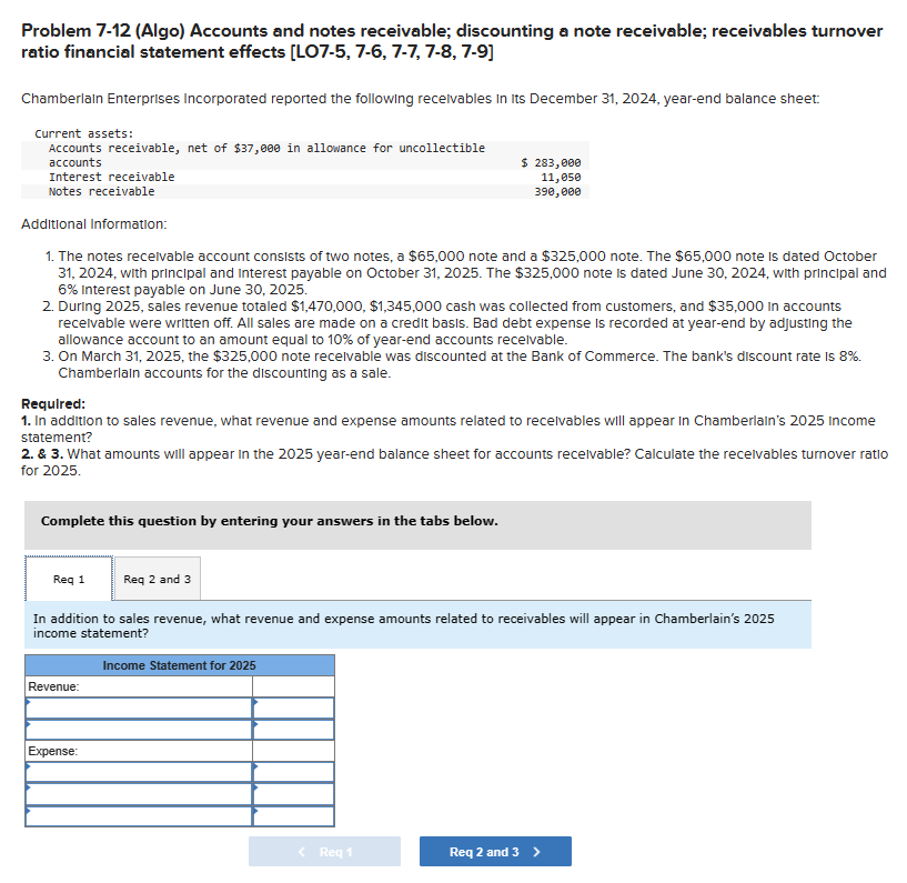  Please see attachedProblem 7-12(Algo) Accounts and notes receivable; discounting a note