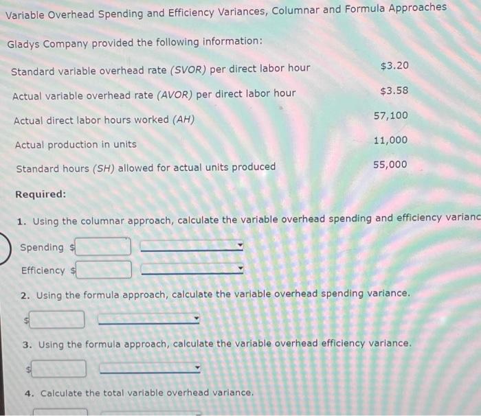  Variable Overhead Spending and Efficiency Variances, Columnar and Formula Approaches $3.20