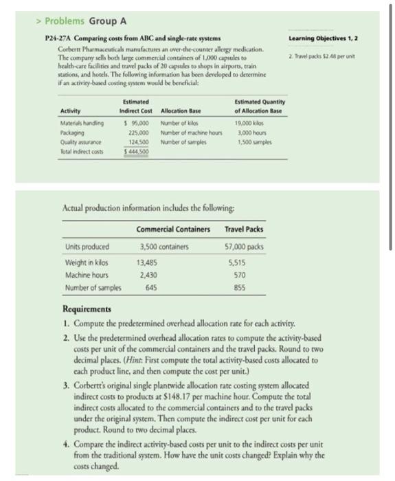  Learning Objectives 1, 2 2. Travel packs 52.48 per unit >