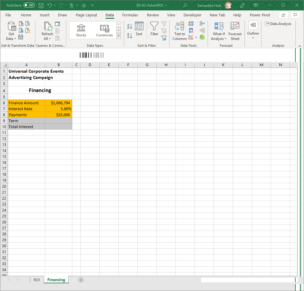  1.Switch to the Financing sheet and in cell B9, use a