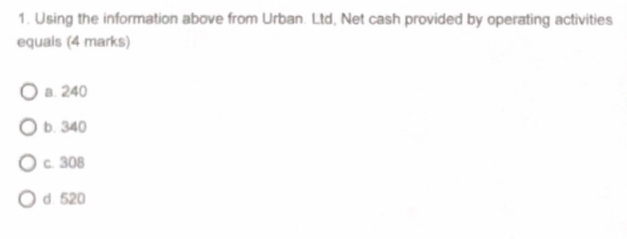 cash used for investing activities equals a.-308 b.308 c.208 d.-208 4. Using