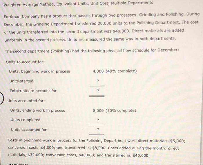  Weighted Average Method, Equivalent Units, Unit Cost, Multiple Departments Fordman Company