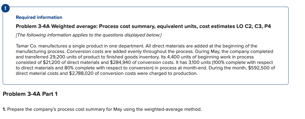 Required information Problem 3-4A Weighted average: Process cost summary, equivalent units,
