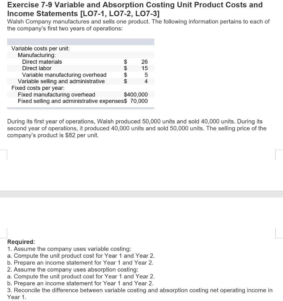  Exercise 7-9 Variable and Absorption Costing Unit Product Costs and Income