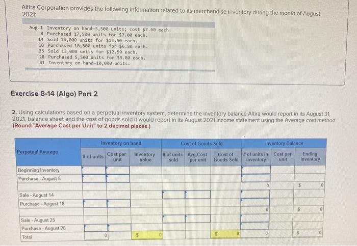 (LO8-1,8-4] The following information applies to the questions displayed below) Altira Corporation