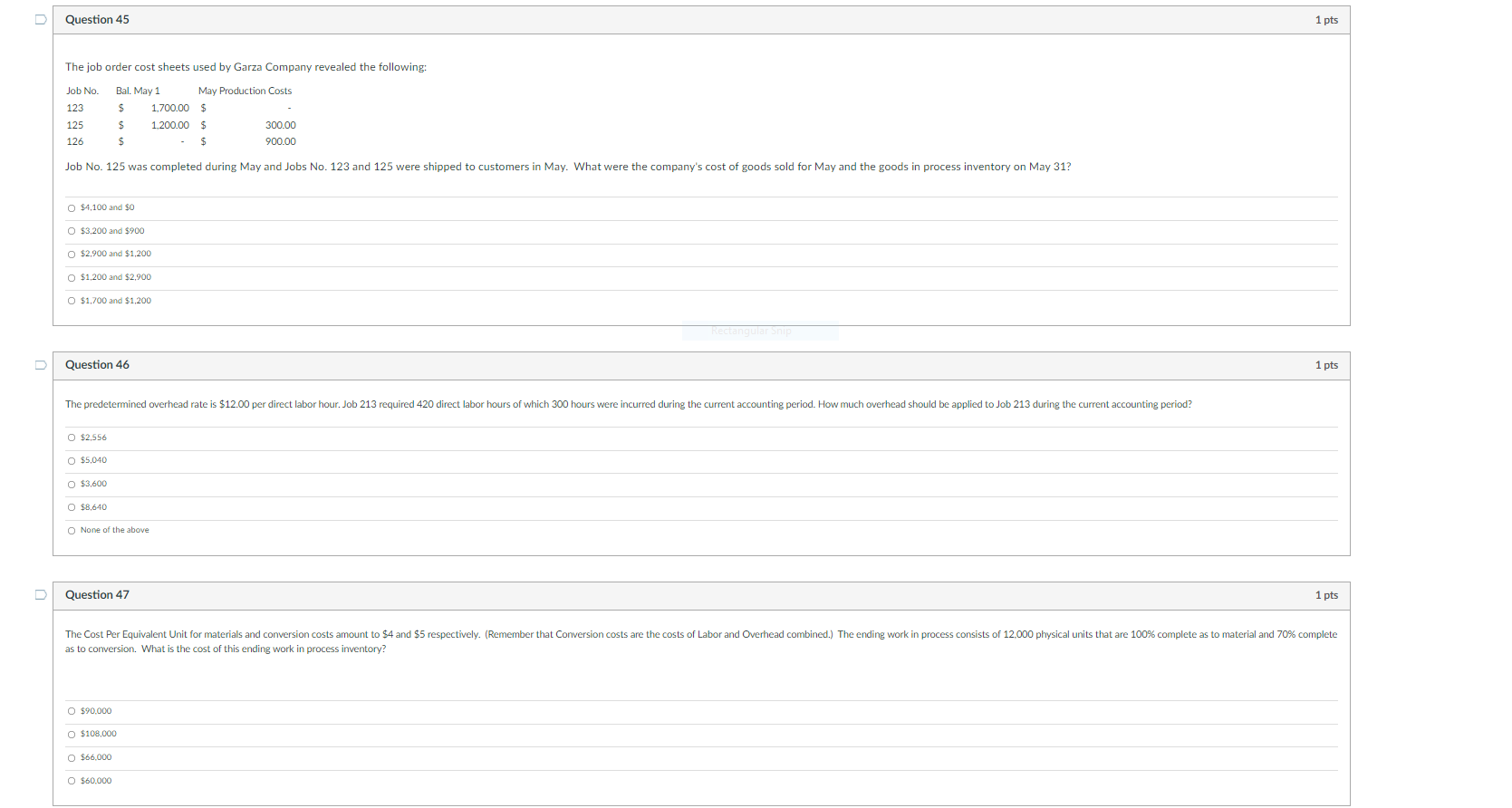 D Question 45 1 pts The job order cost sheets used