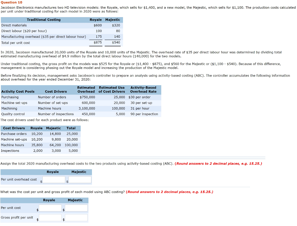Question 10 Jacobson Electronics manufactures two HD television models: the Royale,