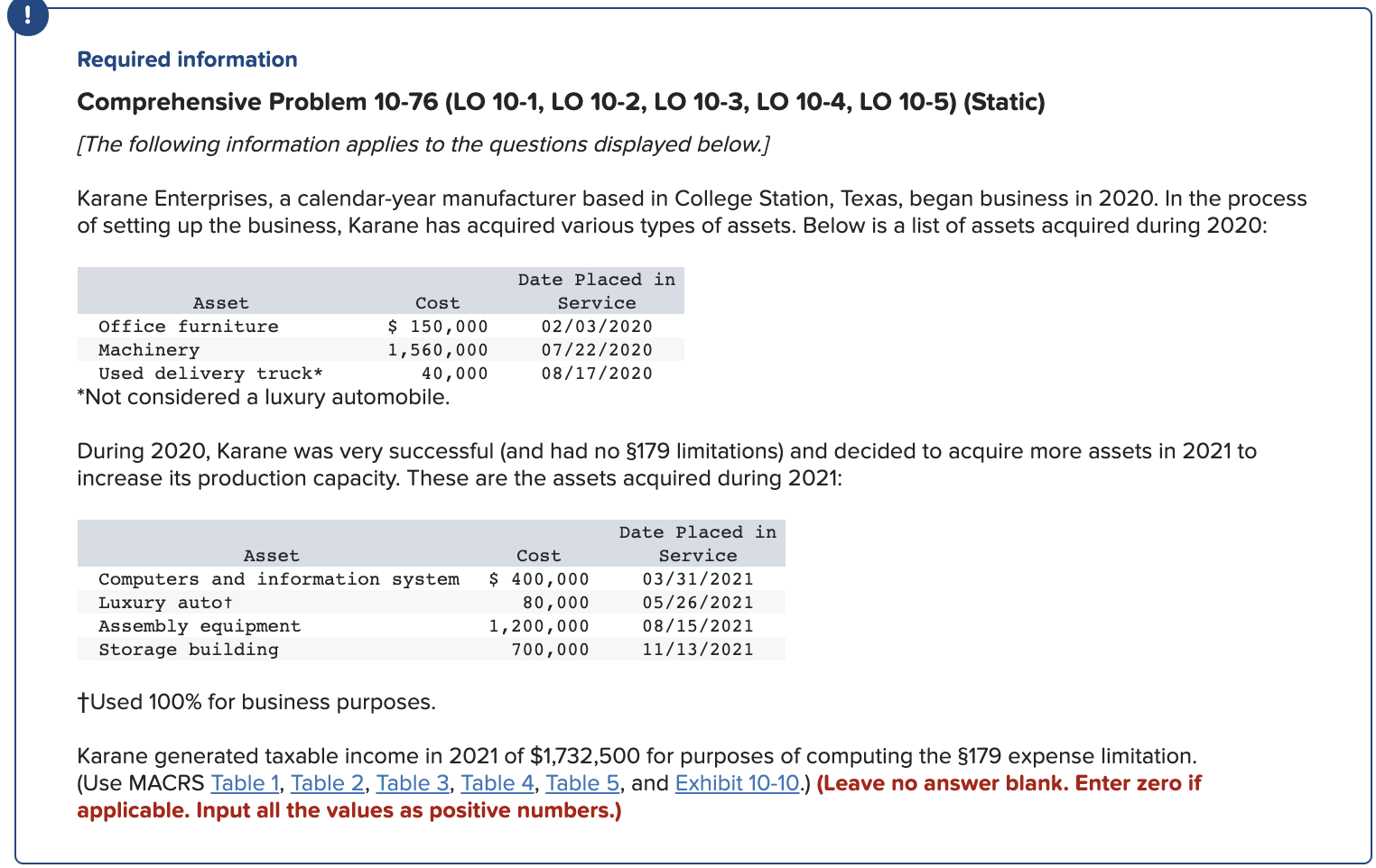 EXHIBIT 10-10 ! Required information Comprehensive Problem 10-76 (LO 10-1, LO