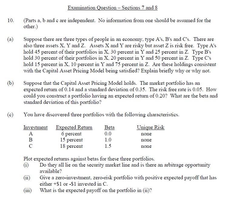  Examination Question - Sections 7 and 8 (Parts a,b and c
