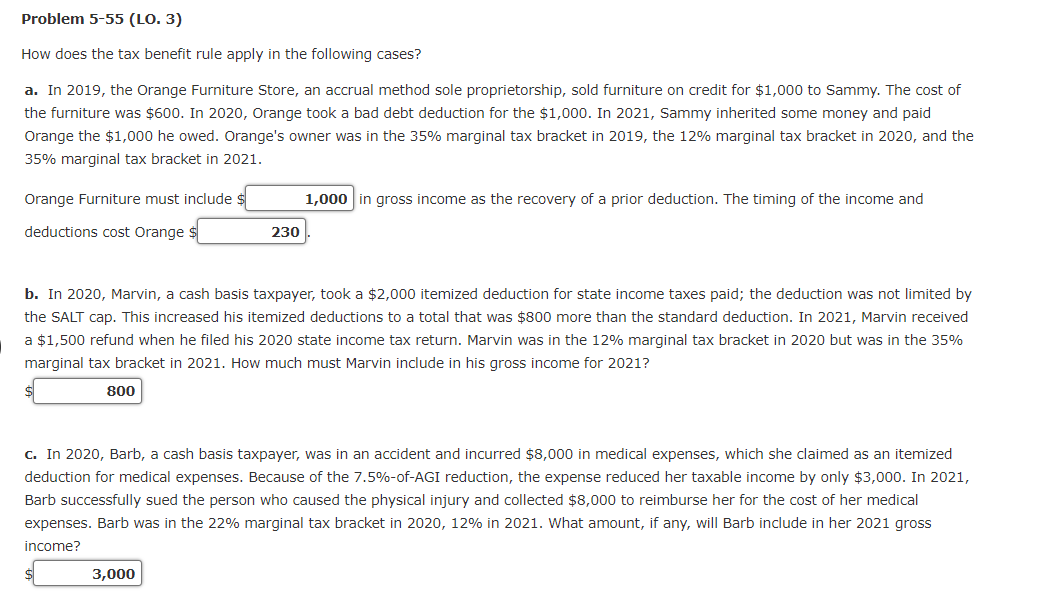 Problem 5-55 (LO. 3) How does the tax benefit rule apply