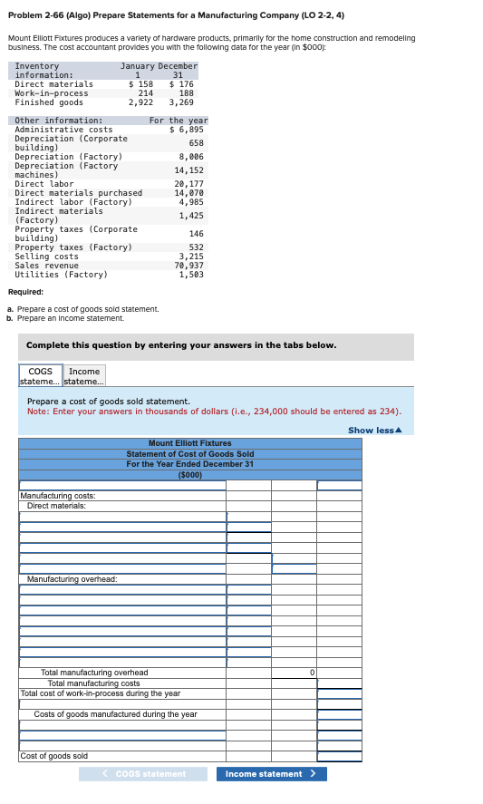  Problem 2-66(Algo) Prepare Statements for a Manufacturing Company (LO 2-2,4) Mount