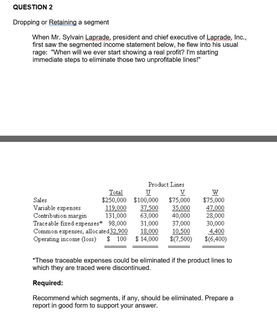  support your answer. QUESTION 2 Dropping or Retaining a segment When