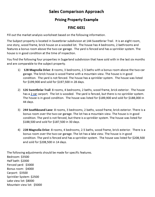 Sales comparison approach. Pricing property example. Sales Comparison Approach Pricing Property Example