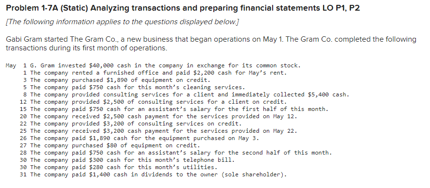  Table goes to 31 Problem 1-7A (Static) Analyzing transactions and preparing
