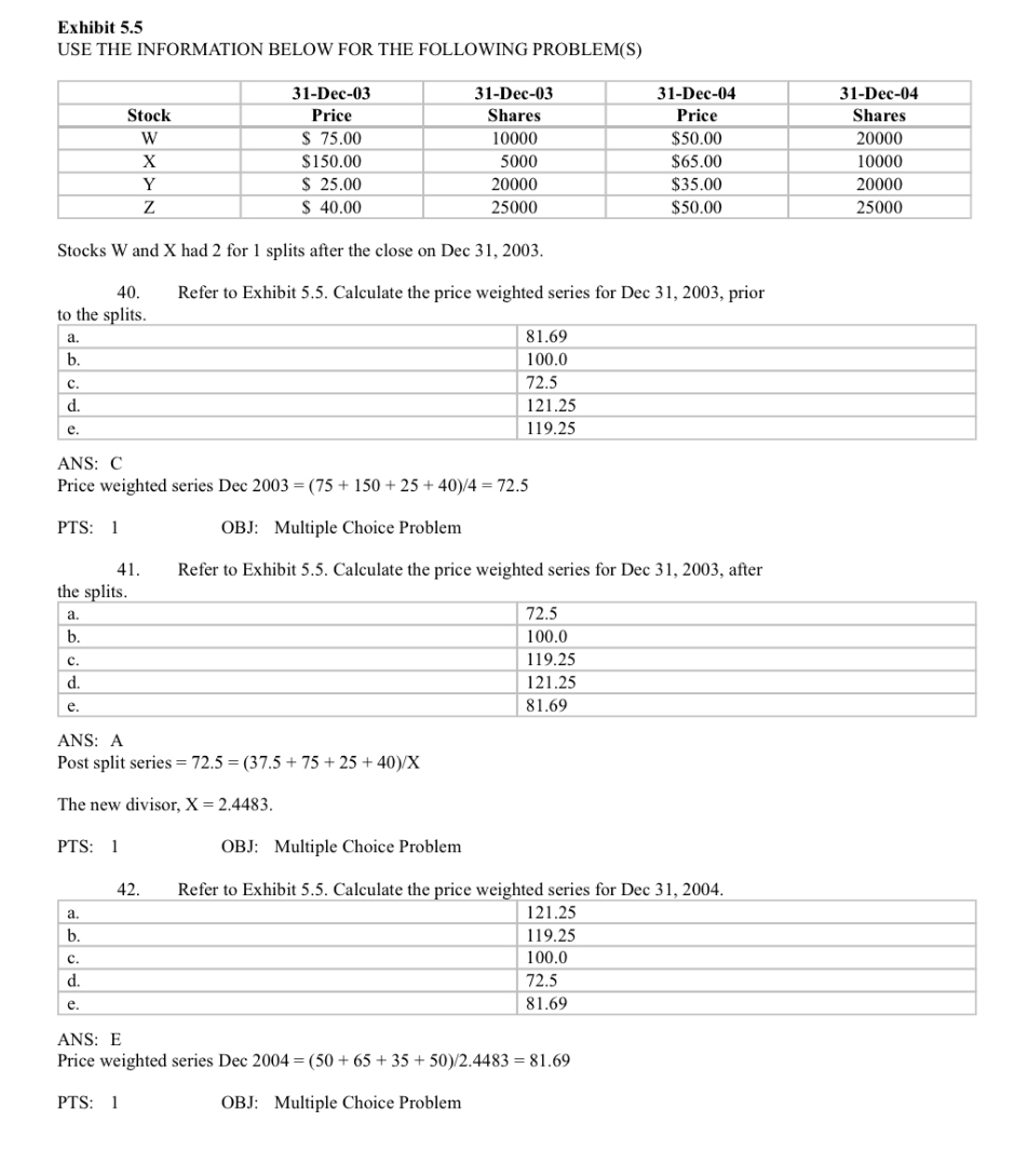  Exhibit 5.5 USE THE INFORMATION BELOW FOR THE FOLLOWING PROBLEM(S) \table[[,31-Dec-03,31-Dec-03,31-Dec-04,31-Dec-04],[Stock,Price,Shares,Price,Shares],[W,$75.00,10000,$50.00,20000],[x,$150.00,5000,$65.00,10000],[Y,$25.00,20000,$35.00,20000],[Z,$40.00,25000,$50.00,25000]]