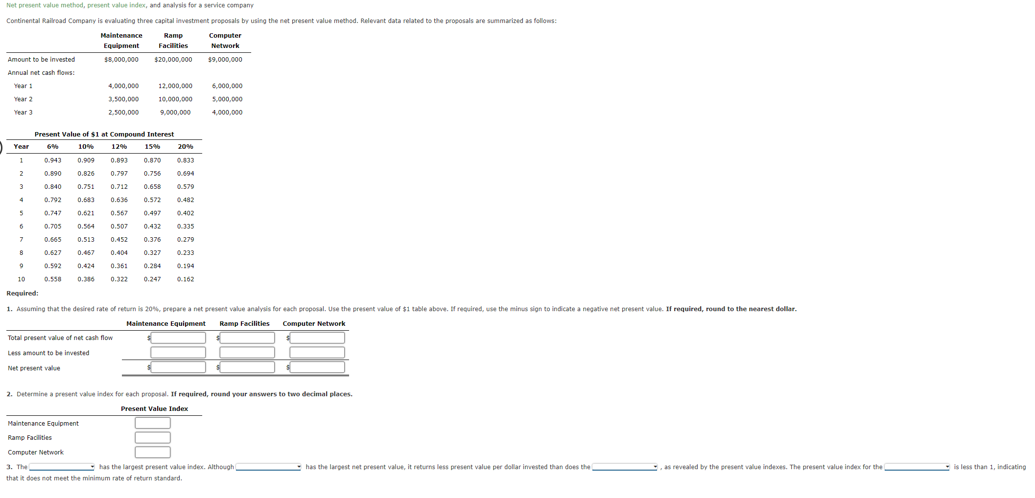 Net present value method, present value index, and analysis for a service