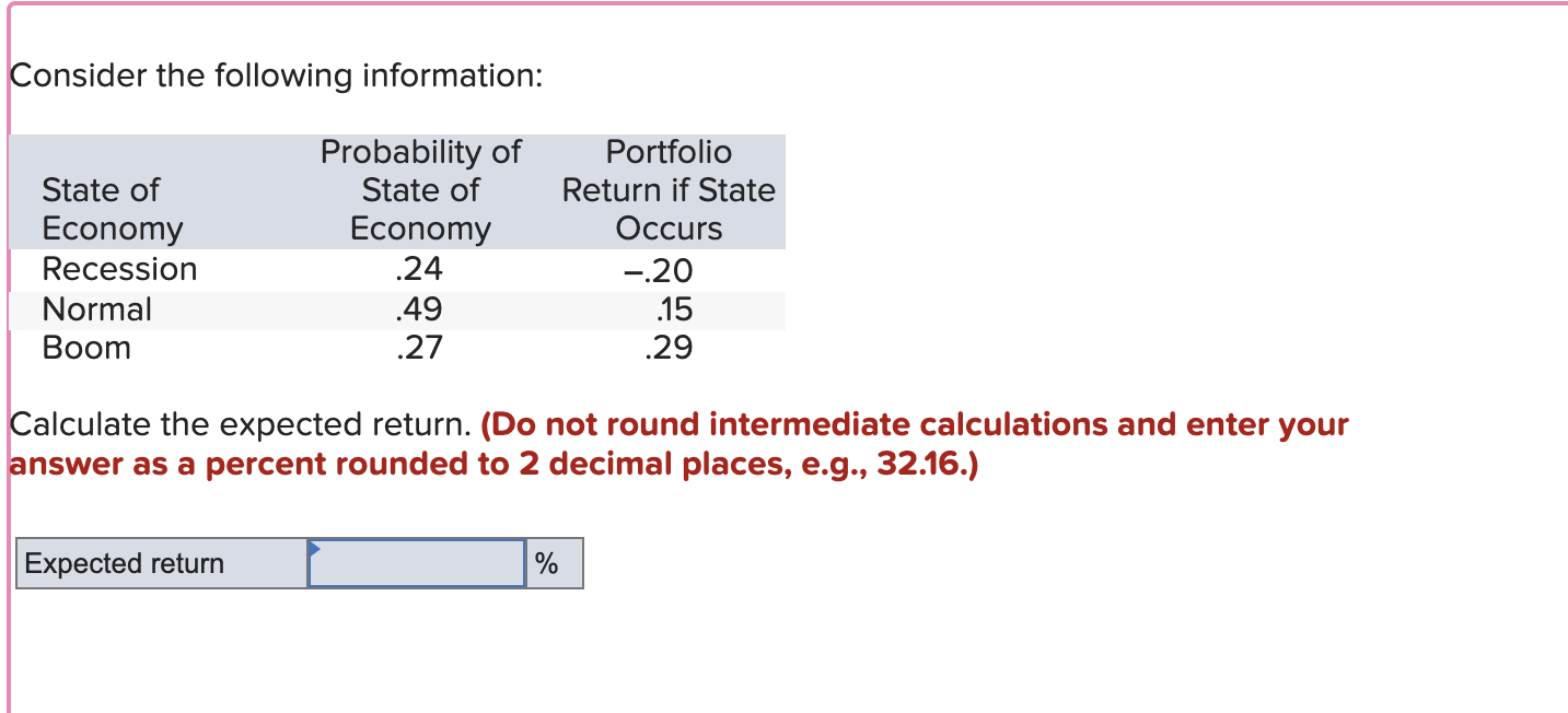 Consider the following information: Calculate the expected return. (Do not round