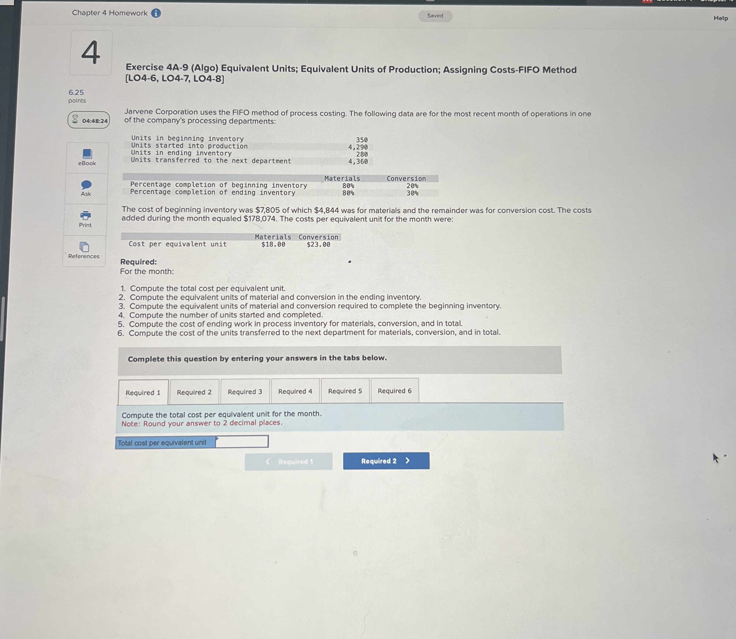  Chapter 4 Homework i Saved Help 4 Exercise 4A-9(Algo) Equivalent Units;