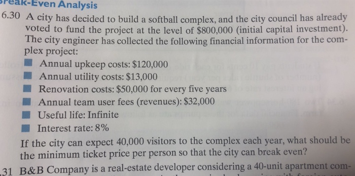  solve using excel formula -Even Analysis 6.30 A city has decided