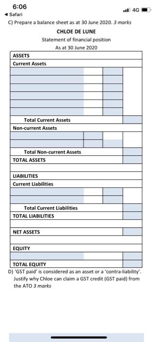 June 2020 is prepared by her accountant as follows; CHLOE DE LUNE