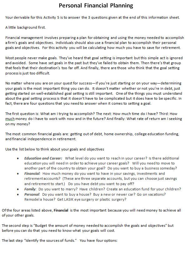  Personal Financial Planning Your derivable for this Activity 5 is to