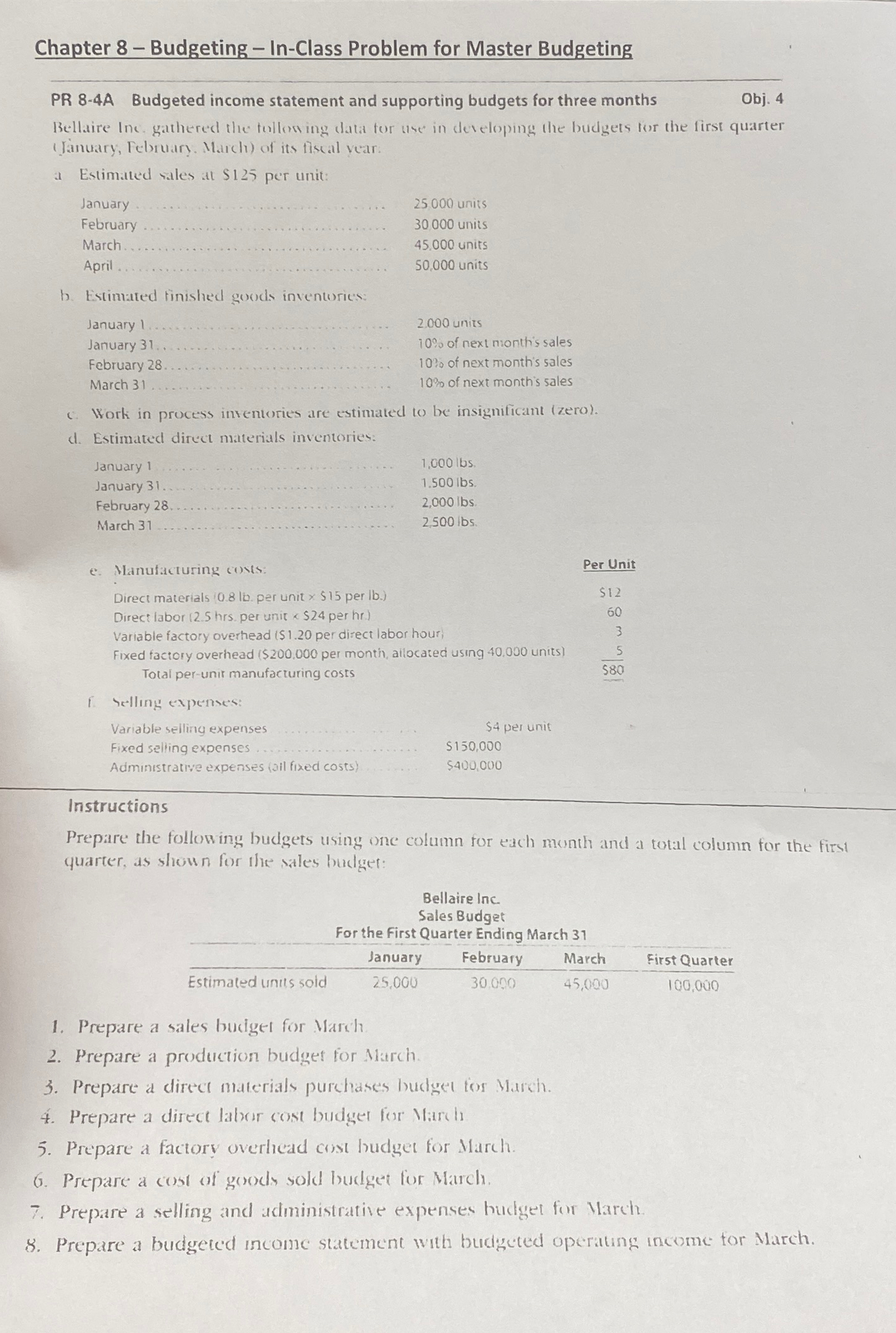  Chapter 8- Budgeting - In-Class Problem for Master Budgeting PR 8-4A