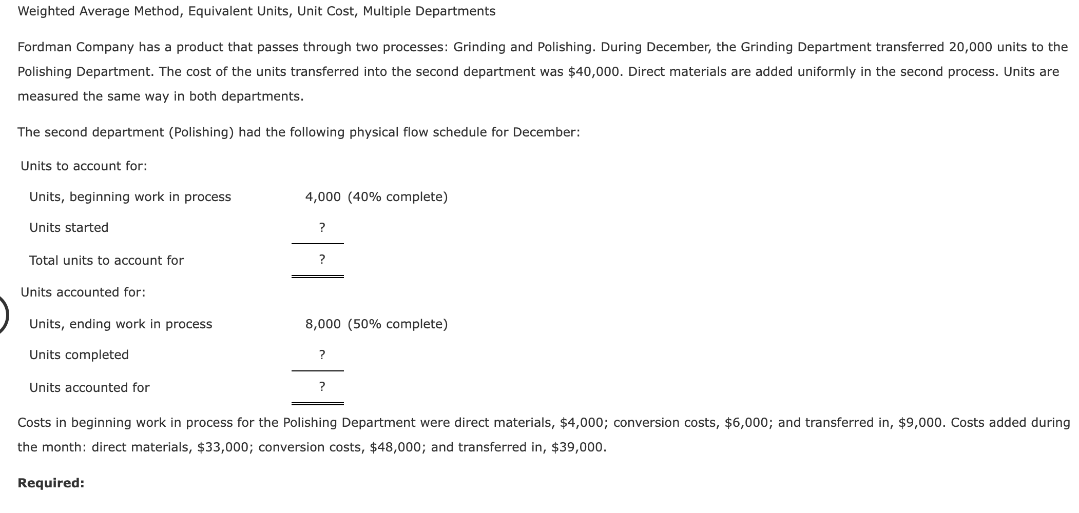  Weighted Average Method, Equivalent Units, Unit Cost, Multiple Departments Fordman Company