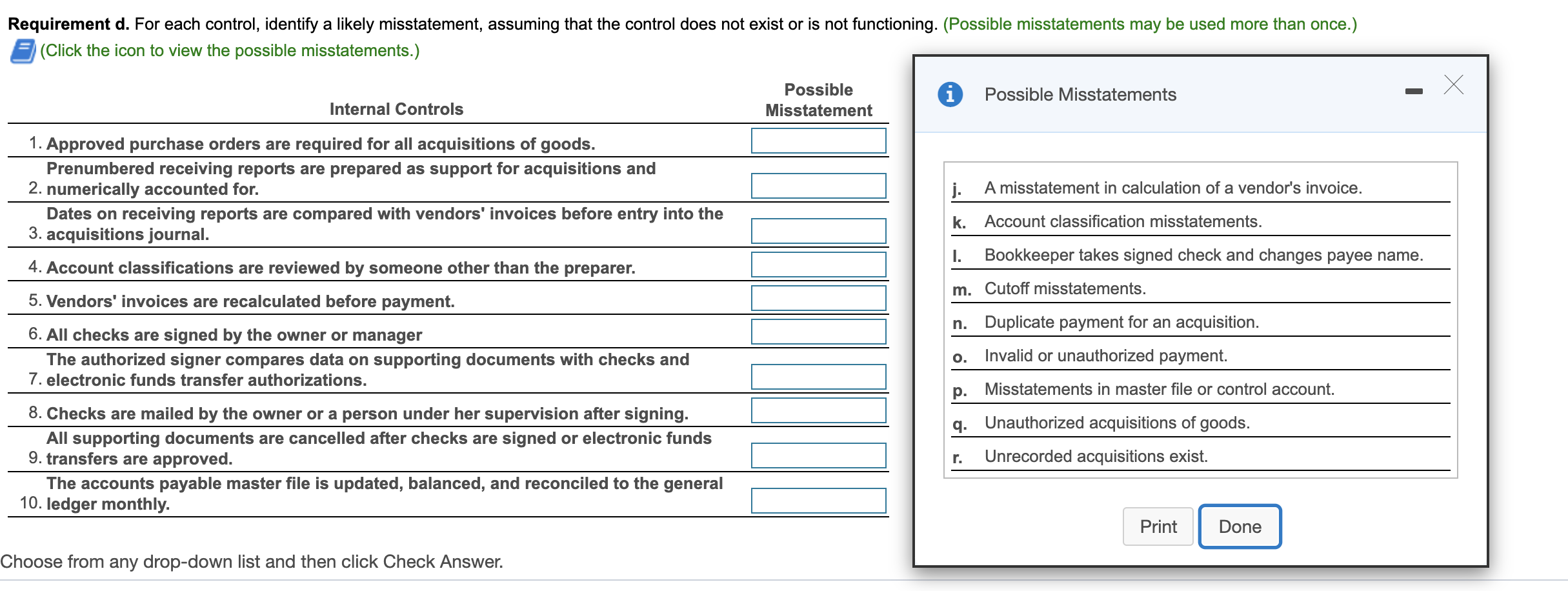  Match the Misstatement letter With the given scenario ( Auditing )