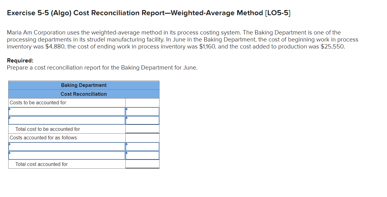  Exercise 5-5 (Algo) Cost Reconciliation Report-Weighted Average Method (LO5-5] Maria Am