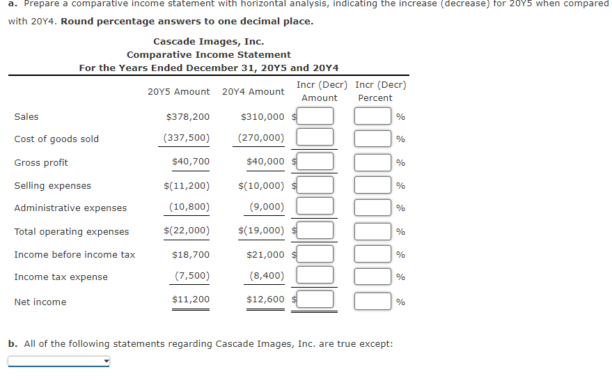  a. Prepare a comparative income statement with horizontal analysis, indicating the