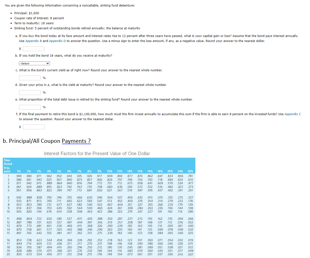You are given the following information concerning a noncallable, sinking fund