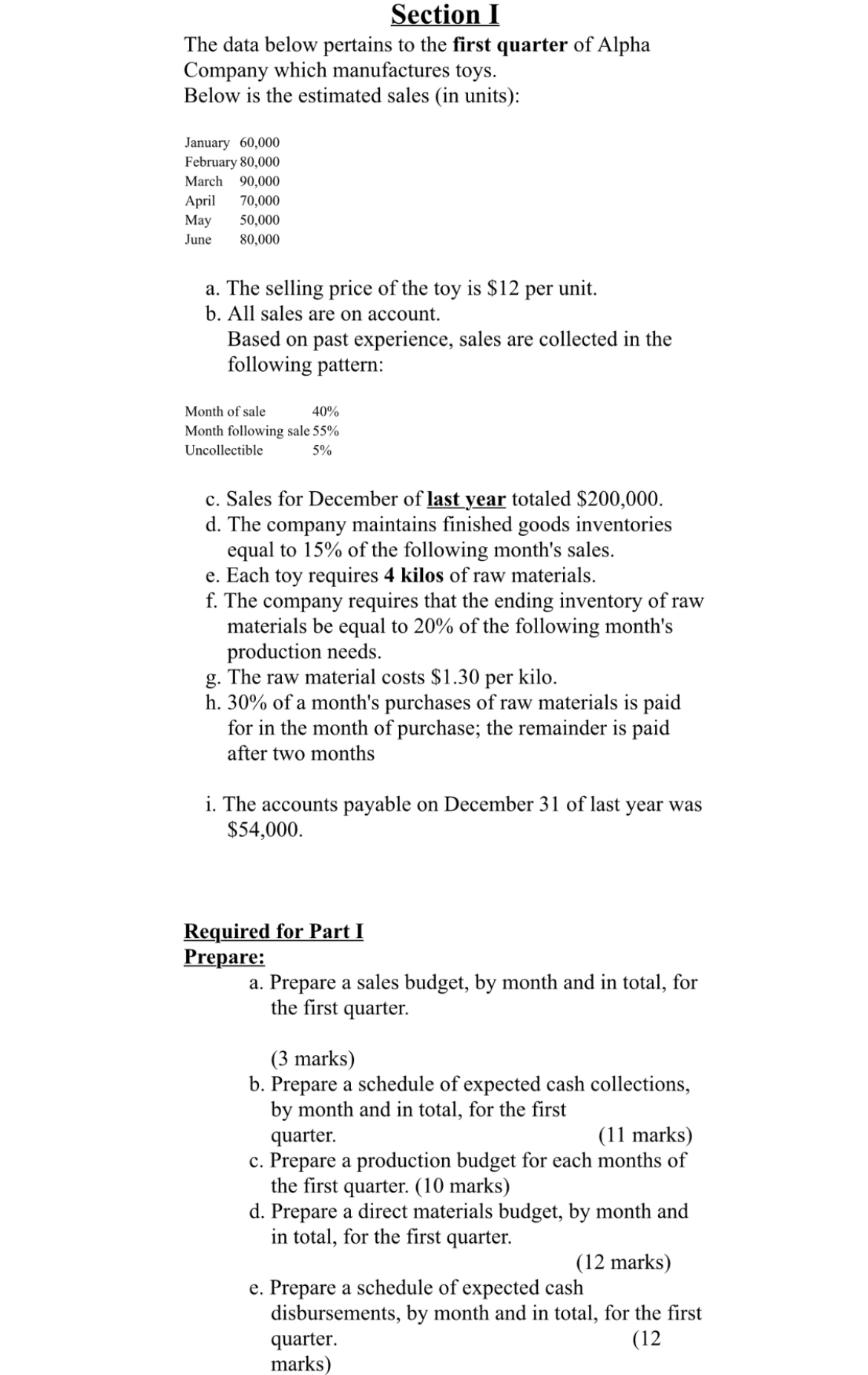  Section I The data below pertains to the first quarter of