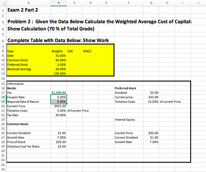  Exam 2 Part 2 Problem 2: Given the Data Below Calculate