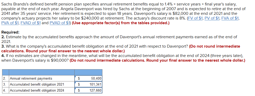 Please show steps Sachs Brands's defined benefit pension plan specifies annual retirement