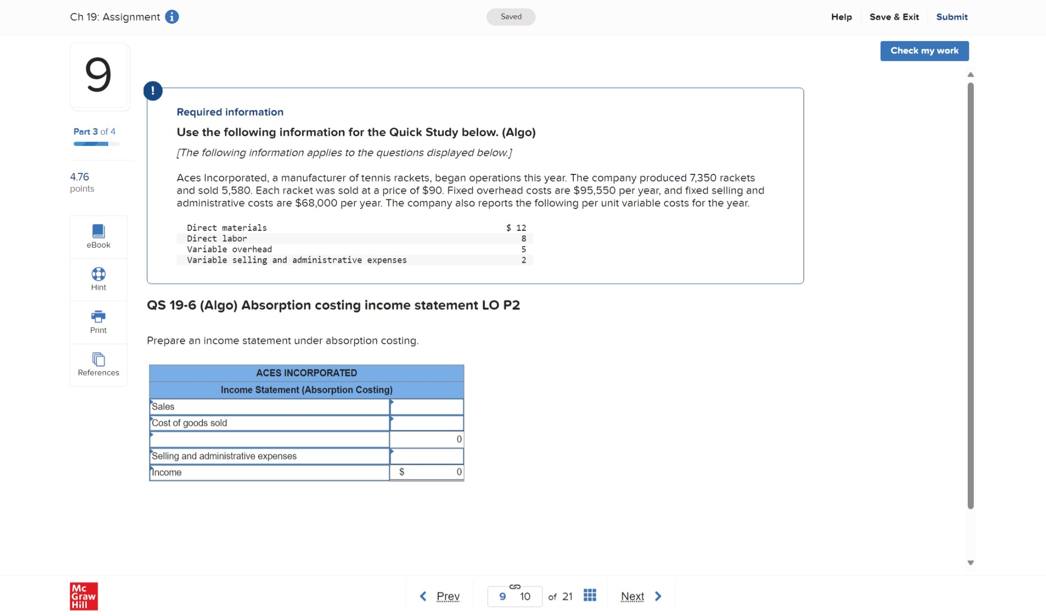 Required information Use the following information for the Quick Study below.