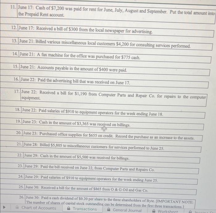 Accounts 11. June 17: Cash of \$7,200 was paid for rent for