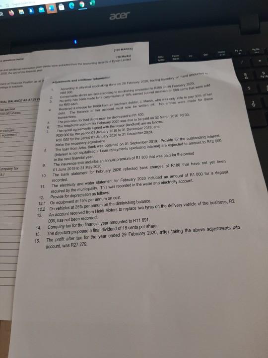 ADATMENT TRIAL BALANCE AS AT 9 FEBRUARY 2010 QUESTION REQUIRED INFORMATION DYLAN