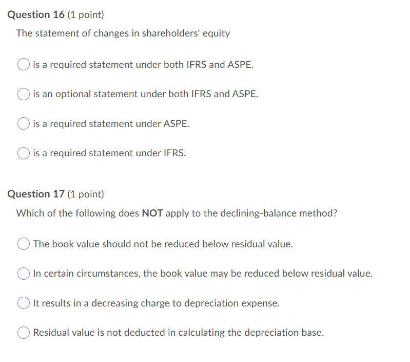 Question 16 (1 point) The statement of changes in shareholders' equity