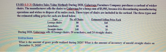 E9.8B (LO 2) (Relative Sales Value Method) During 2020, Galarraga Furniture