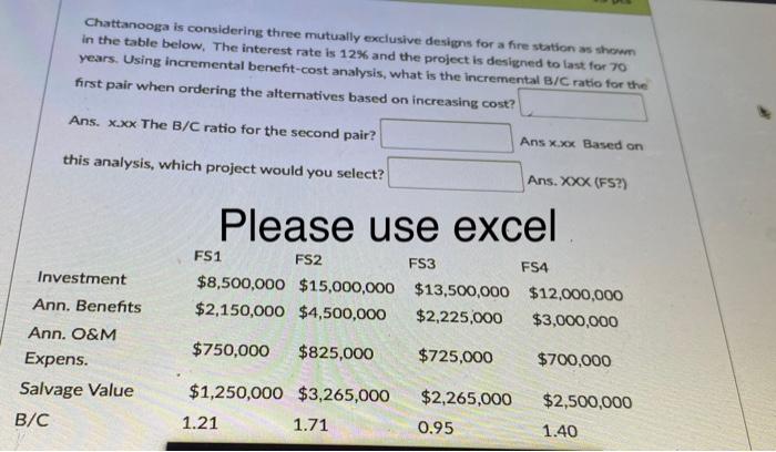  Chattanooga is considering three mutually exclusive designs for a fire station