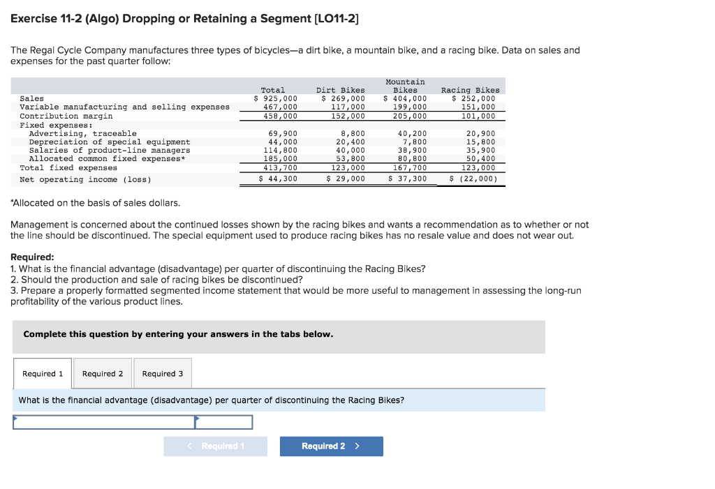 Exercise 11-2 (Algo) Dropping or Retaining a Segment [LO11-2] The Regal