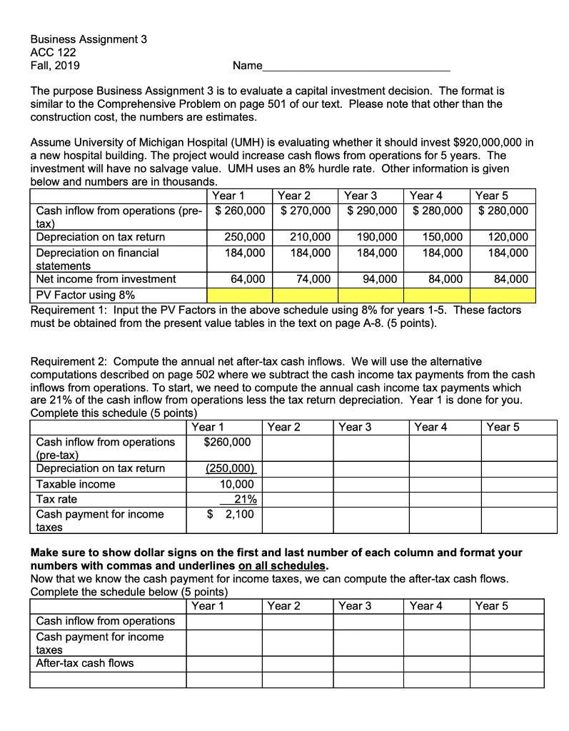  Business Assignment 3 ACC 122 Fall, 2019 Name The purpose Business