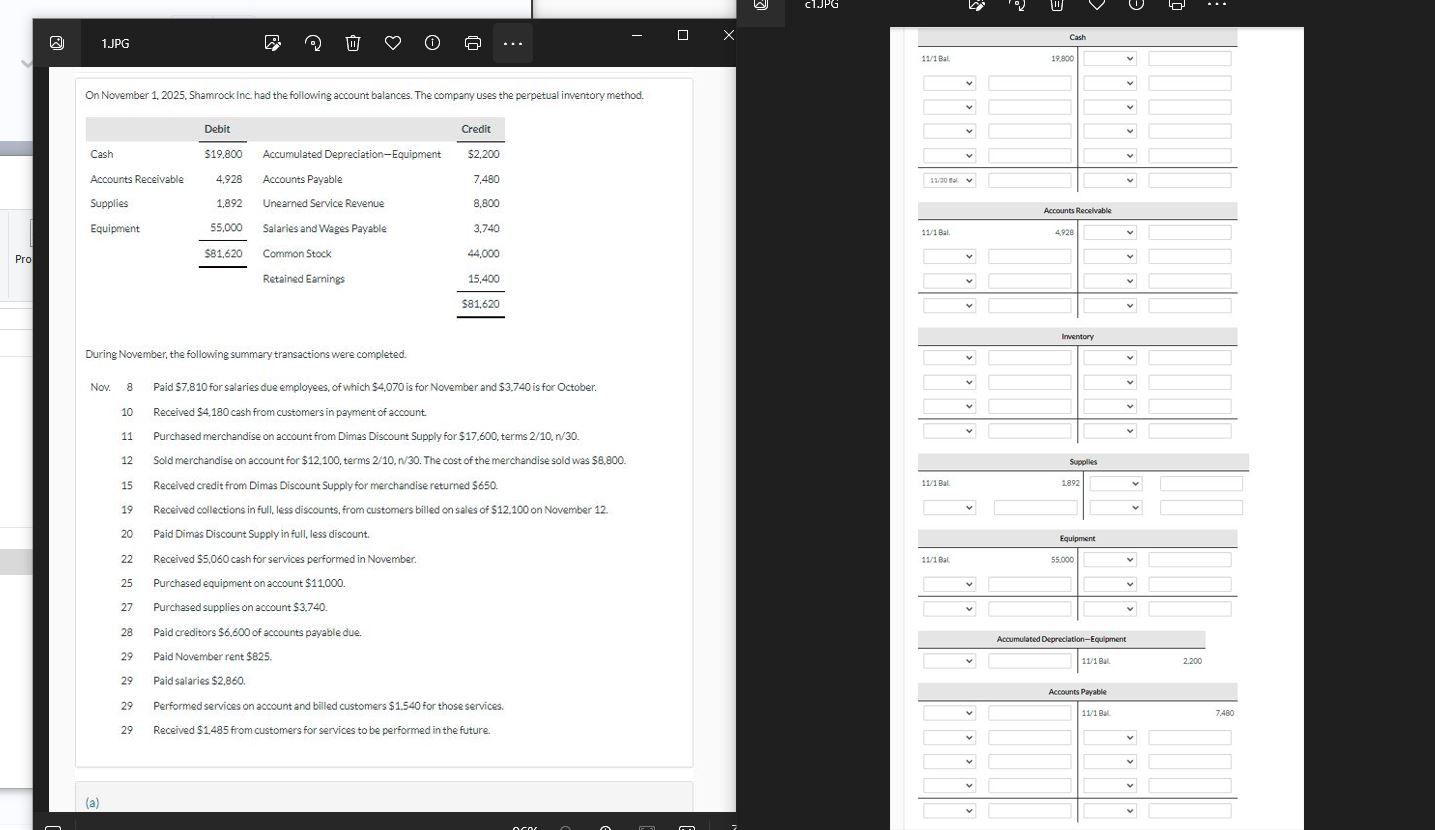 On November 1,2025, Shamrock Inc. had the following account balances. The