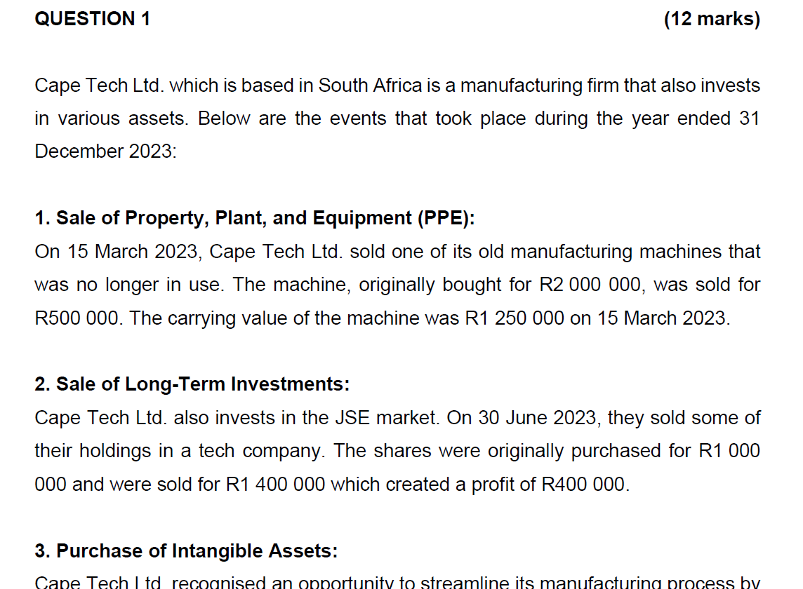  QUESTION 1 Cape Tech Ltd. which is based in South Africa