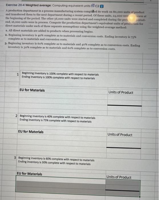  Exercise 20-4 Weighted average: Computing equivalent units @c20 A production department