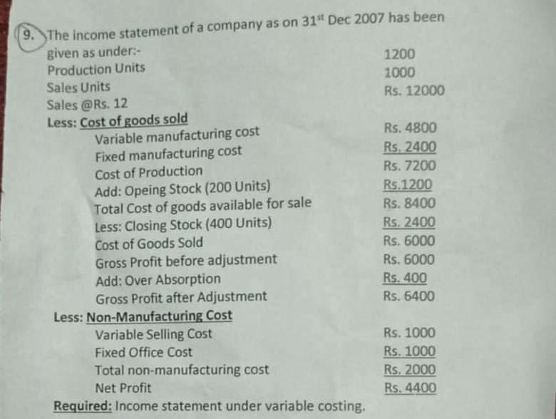 The income statement of a company as on 311t Dec 2007 has