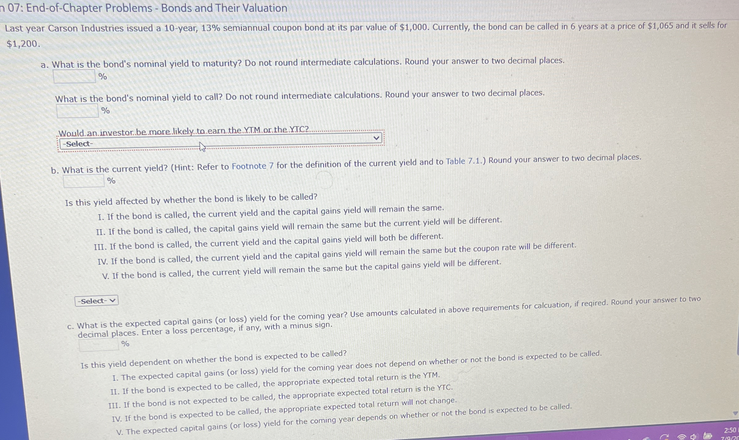  07: End-of-Chapter Problems - Bonds and Their Valuation Last year Carson